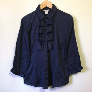 Dark Navy Blue 100% Cotton Ruffled Maestro 3/4 Sleeve Button Up Shirt